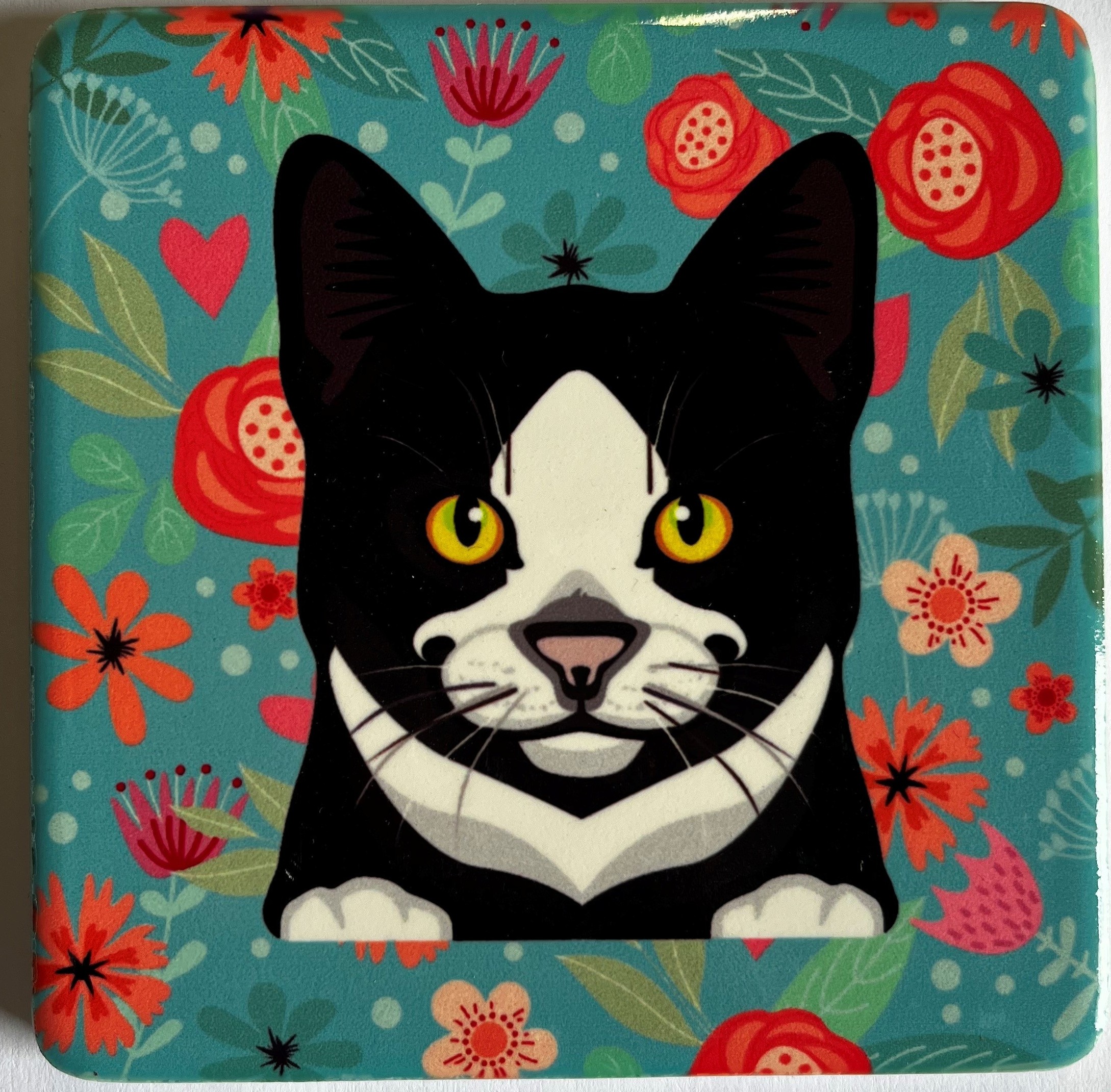 Pet Coasters - Cat - Black and White- Flowers